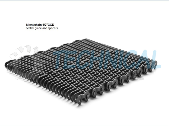 Łańcuch zębaty cichobieżny do szkła, Silent chain ½” GCD, pojedyncza płytka z dystansami, podwójna płytka prowadząca w osi co drugie ogniwo
